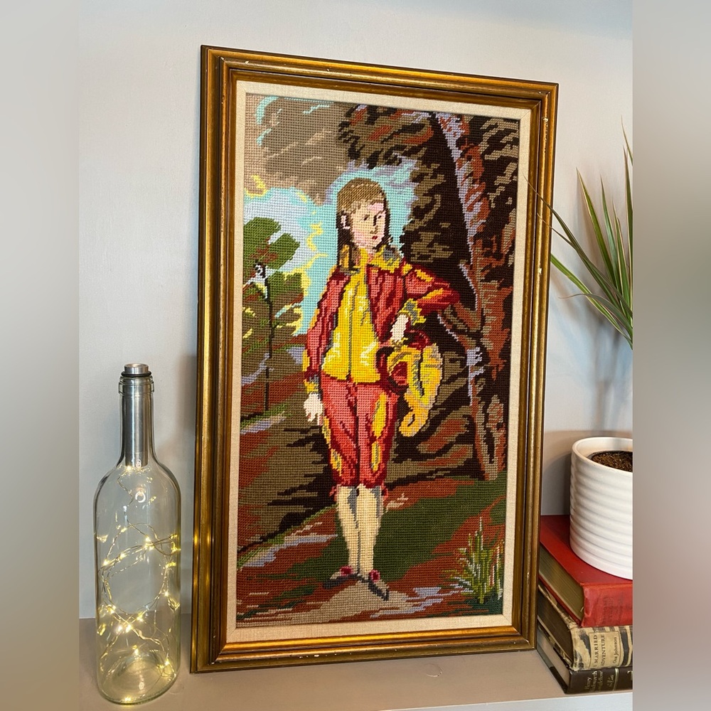 Vintage Needlepoint Pink Boy Framed 60’s Large Art Home Decor Vintage Quirky Fun